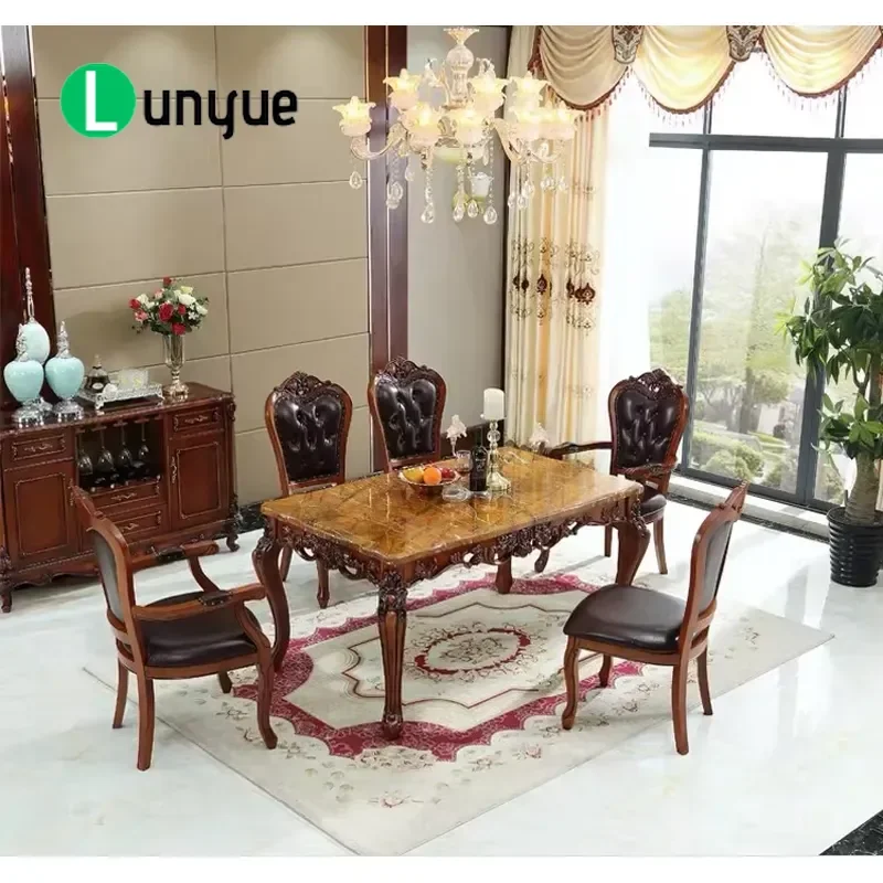Luxury European Style Marble Top Dining Table Solid Wood Antique Fancy Dining Room Furniture Set for Home Kitchen Decor