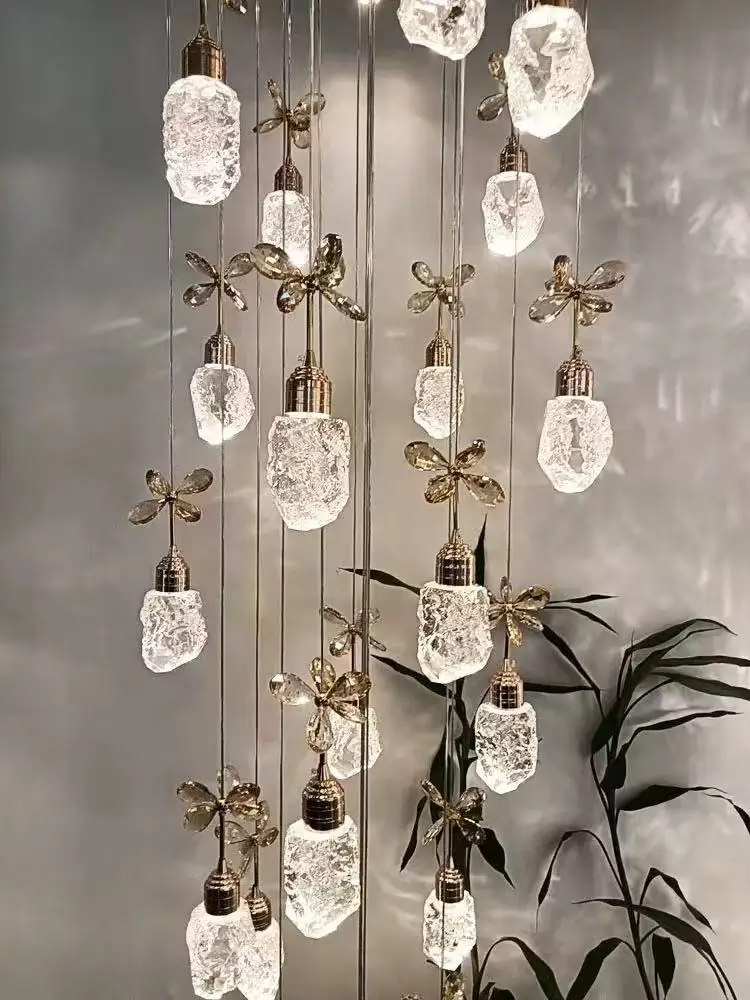 

American minimalist Irregular diamond Crystal chandelier lustre Adjustable height ceiling for Indoor spiral staircase lighting