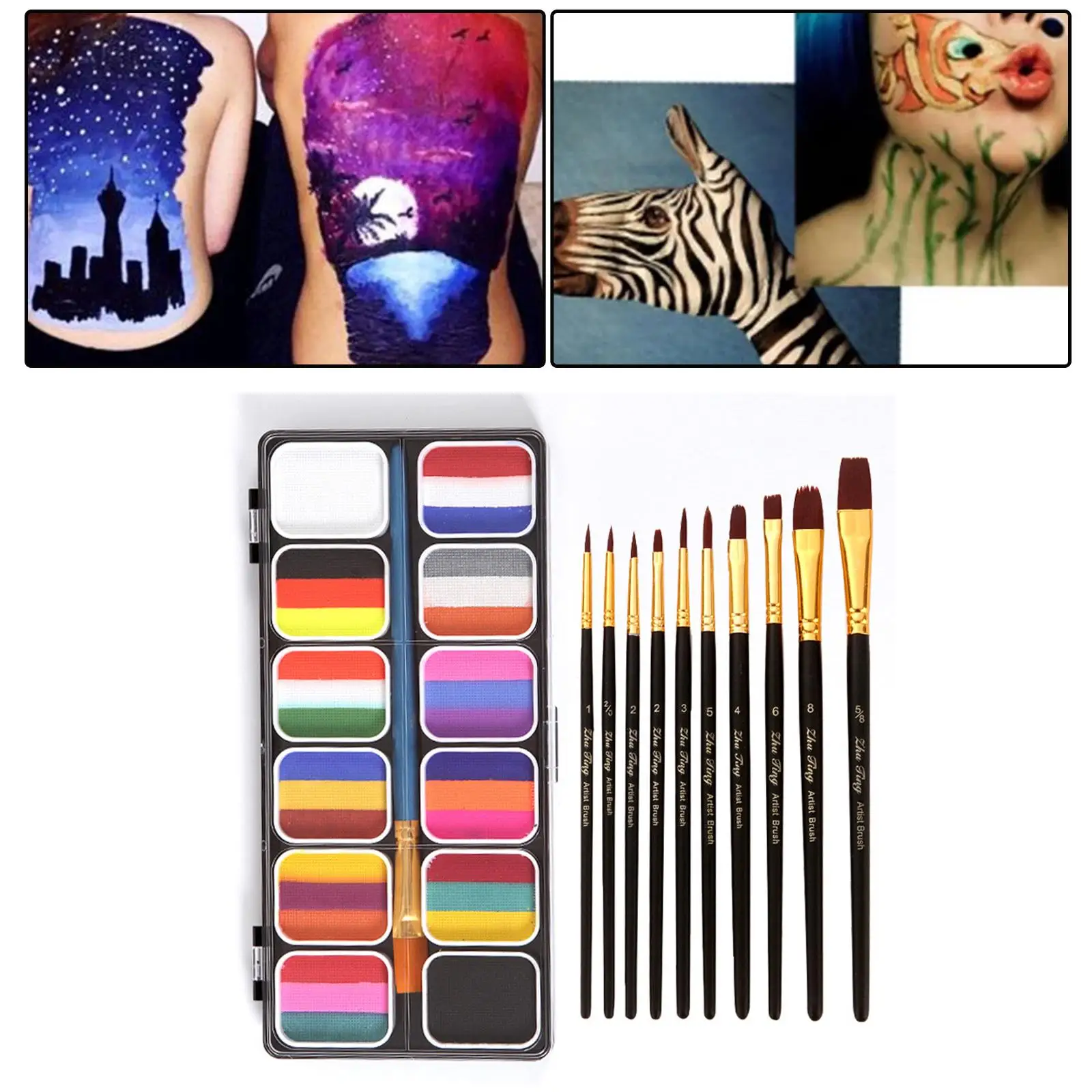 Professional Face Body with Paint Brushes Dress up Halloween Painting Palette Makeup for Fancy Dress Stage Performance Kids