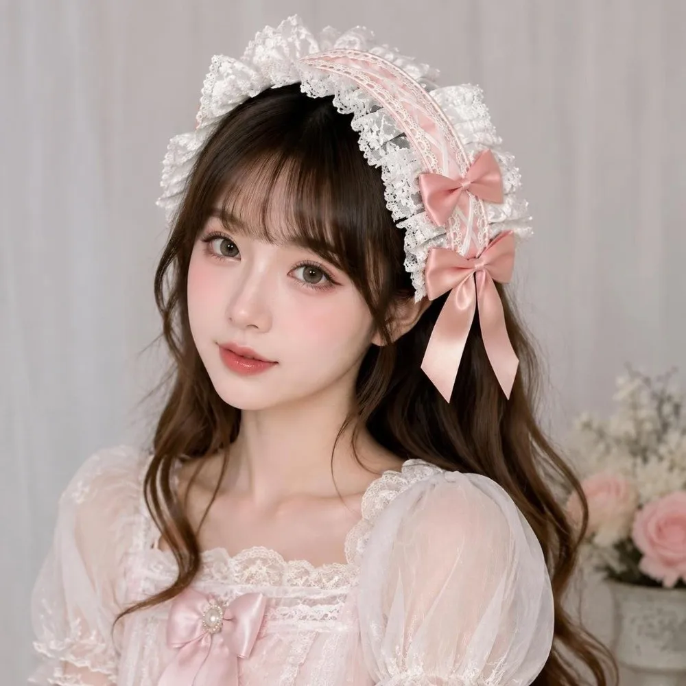 Lace Bow Lolita Headband Handmade Sweet Bow Anime Cosplay Headdress Lace Ruffled Embroidery Design Lolita Hair Accessories