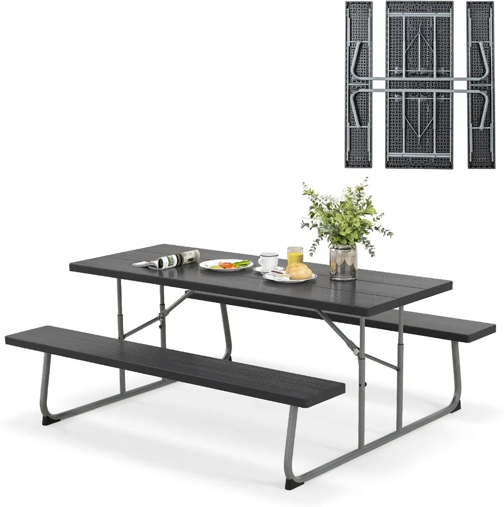 

6 Ft Folding Picnic Table, with 2 Built-in Benches, Umbrella Hole, 8 Person Large Picnic Table and Bench Set for Garden