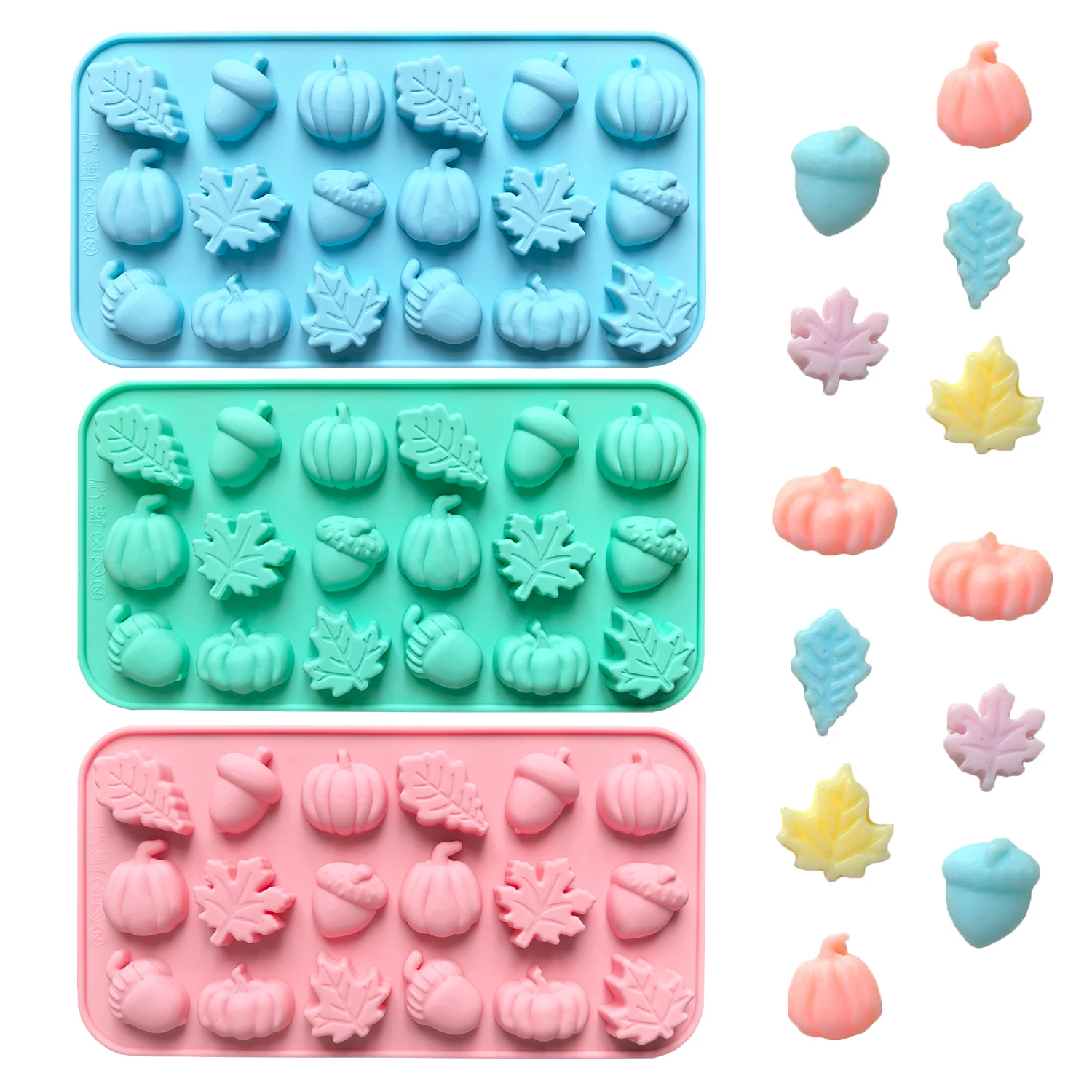 1/3 Stück Silikonform mit 18 Mulden, Herbsternte, 3D-Kürbis, Ahornblatt, Eichelform, Schokolade, Kekse, Süßigkeitenform – Detail 1
