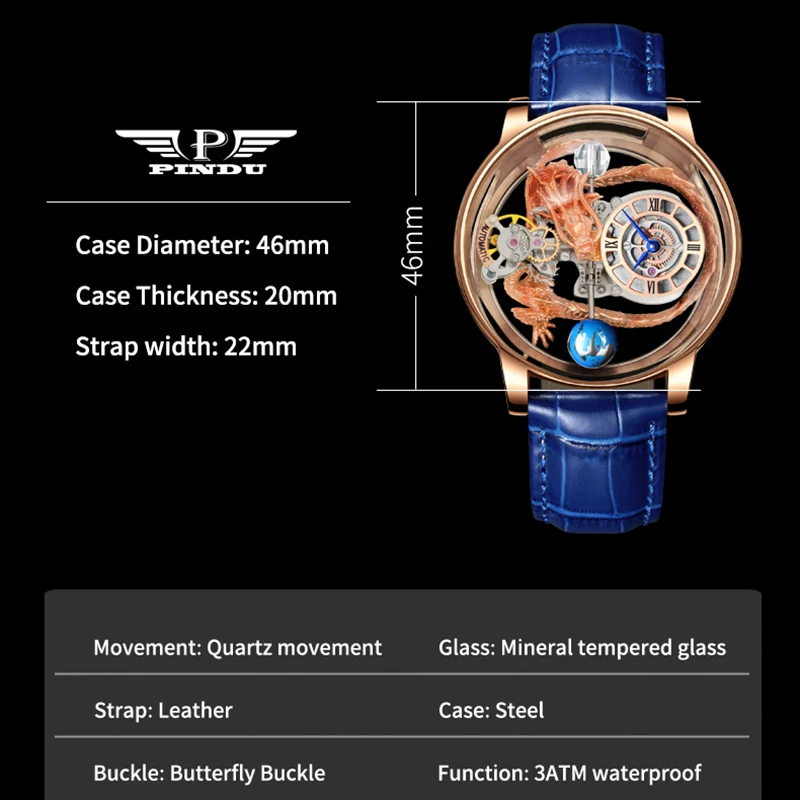 PINDU Design 2024 Year Dragon Tianlong Series Watches Men Quartz Watch Transparent Case Leather Man Wristwatches Relogio Jacob