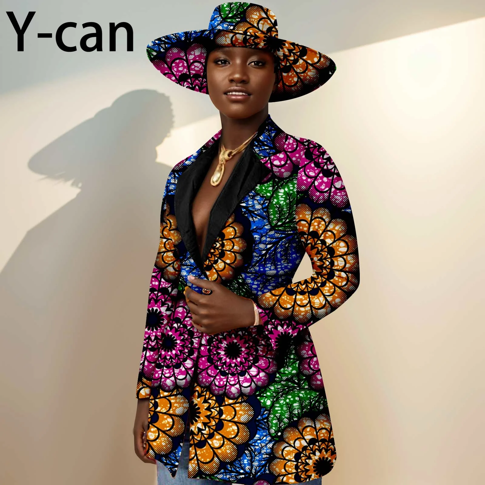 

African Women Coat Dashiki Ankara Print Single-Breasted Women Suit Jacket with Hat Traditional African Clothing 2424004