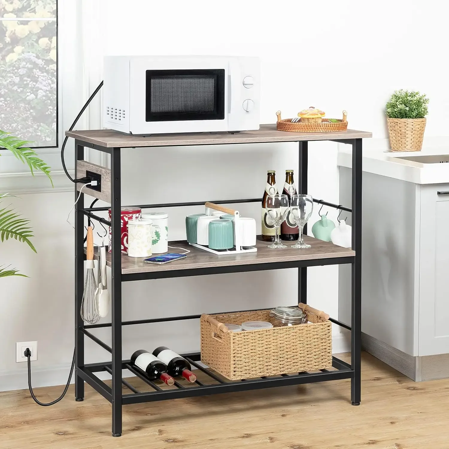 Kitchen Island Storage Kitchen Island Table Power Outlet 3 Tier Coffee Station Microwave Stand for Home