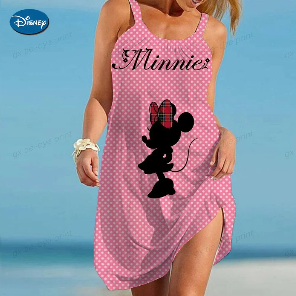 

2023 Summer Minnie And Donald Duck Women Fashion Sling Print Dress Disney Women Sexy Loose Seaside Beach Casual Beach Dress