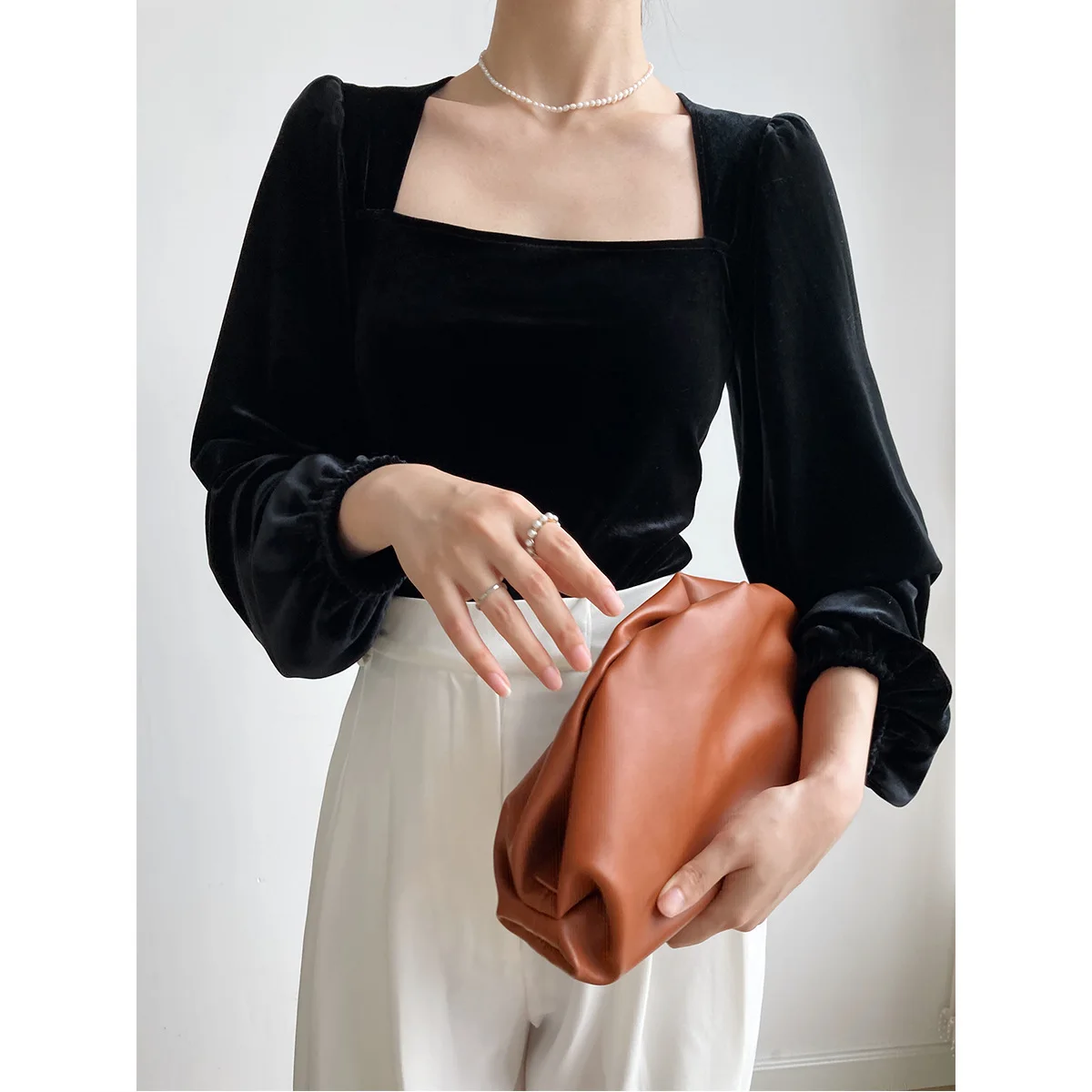 

Tops Women Top Square Collar Puff Sleeve Y2k Streetwear Solid Tees Regular Elegant Splice Casual Work Slim Fit 2026 Spring