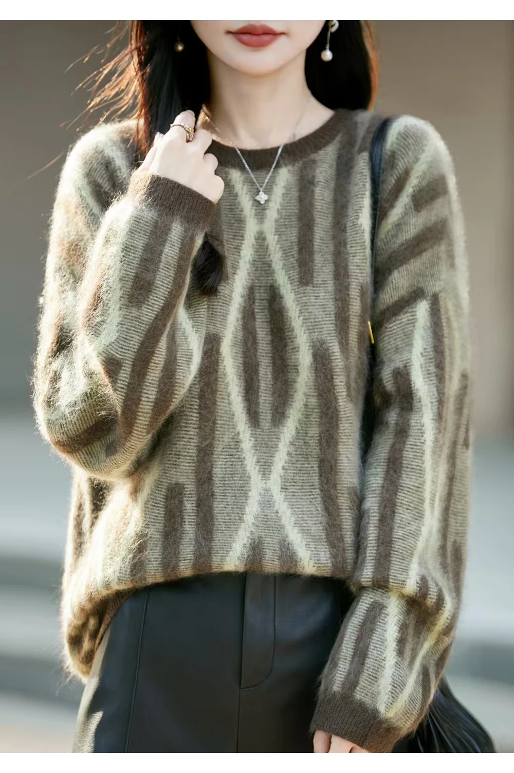 Silk wool cashmere blended sweater long sleeve brushed thick sweater color matching mosaic