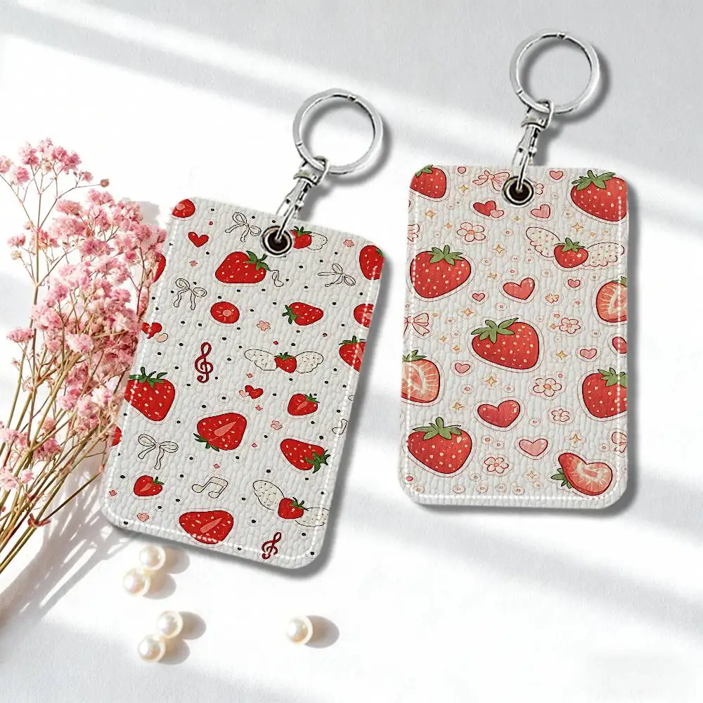 Strawberry Musical Note Polka Dots Leather Card Holder Keychain Key Ring Access Tags ID Card Case Keychain Card