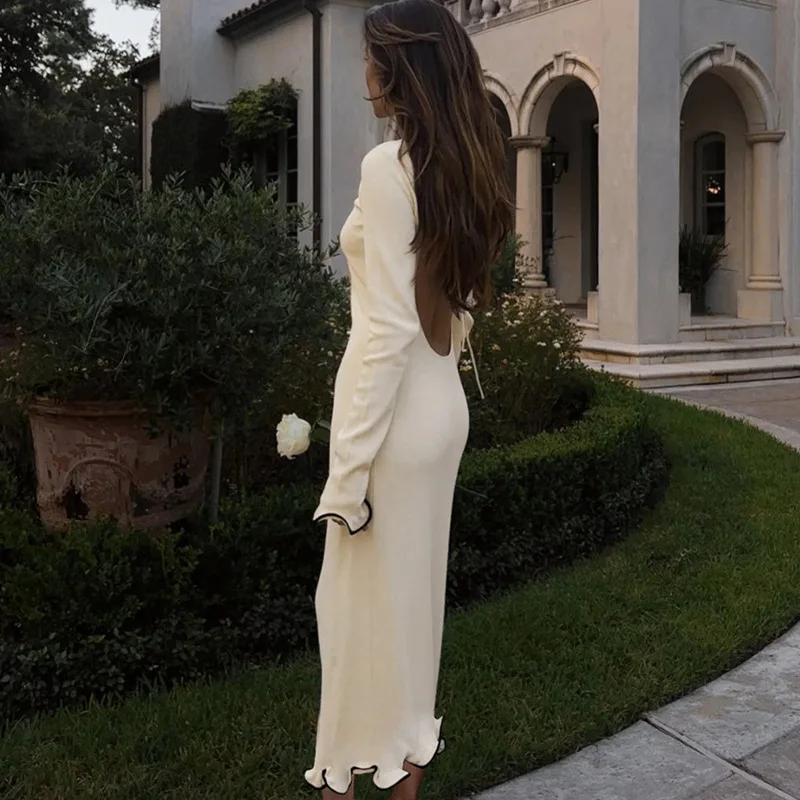 Women Elegant Ruffle Hem Contrasting Colors Long Dress Sexy Long Sleeve Backless Bandage Dresses 2024 New Evening Party Robes