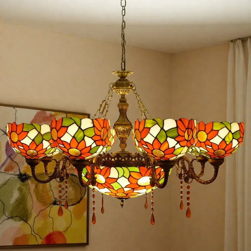 #@ Sunflower Vintage Handmade Colored Glass Living Room Restaurant Hotel Bar Cafe Multi Head Crystal Pendant Light
