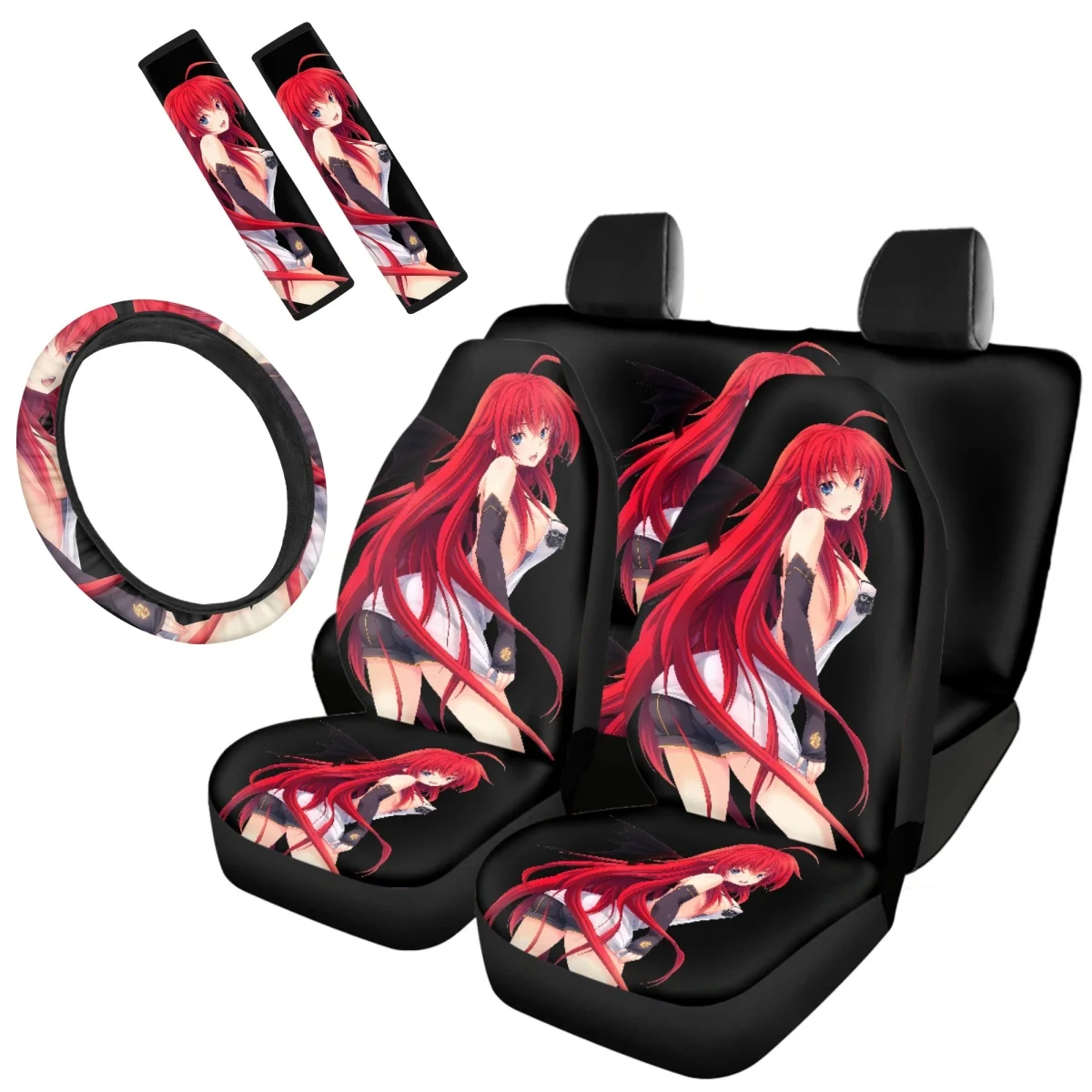 

Red-Haired Sexy Girls Pattern Car Seat Covers Durable Steering Wheel Covers for Sedan Washable Seatbelt Shoulder Pad Full Set