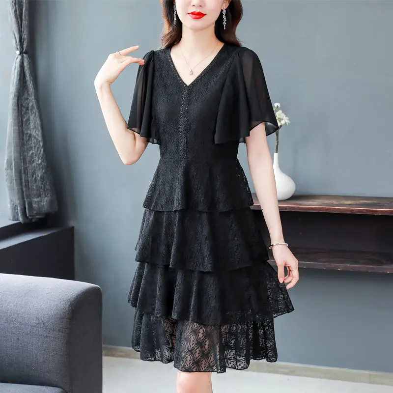 Lace V-neck Dress Summer 2023 Solid New Women Fashion Slim Flying Sleeves Cake Dress Short Sleeve Chiffon Dress Female Tops