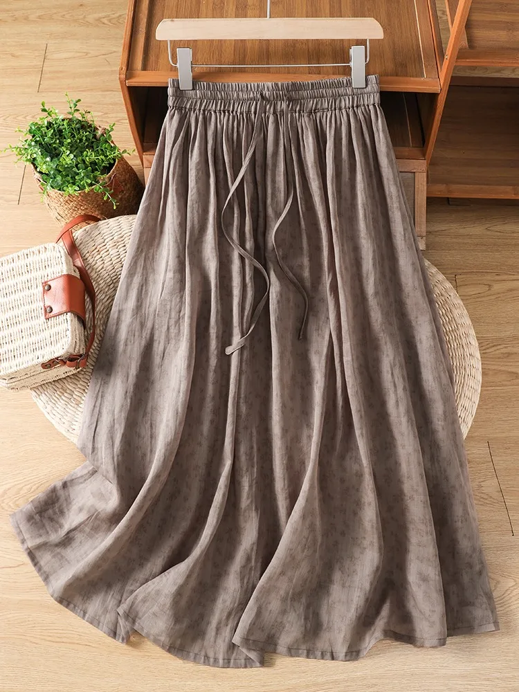 Retro Floral Print Cotton Linen Half Skirt Women's Summer Elastic High Waist Drawstring Draping Double Layer A-Line Midi Skirt