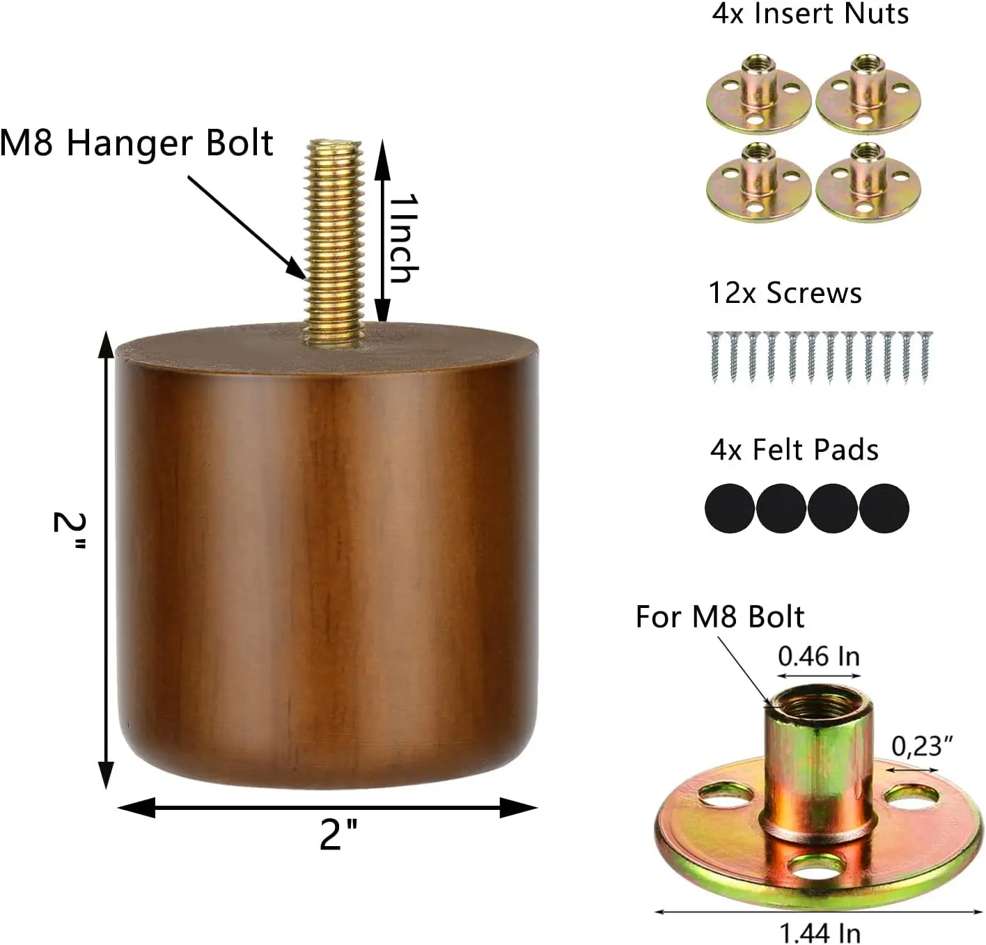 Juego de 4 patas de muebles de madera de 2 pulgadas, Mini patas de repuesto pequeñas con perno M8 preperforado para tocador otomano, silla corta Soli