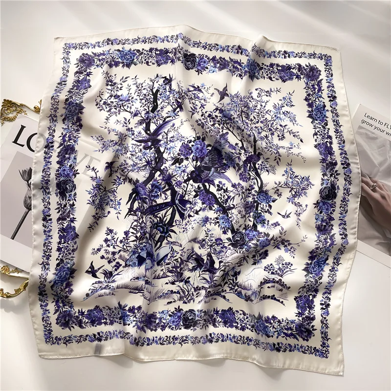 Luxury Plant Floral Print Square Scarf for Women Satin Fashion Wraps Neckerchief Female Hair Bands Headband Bandana