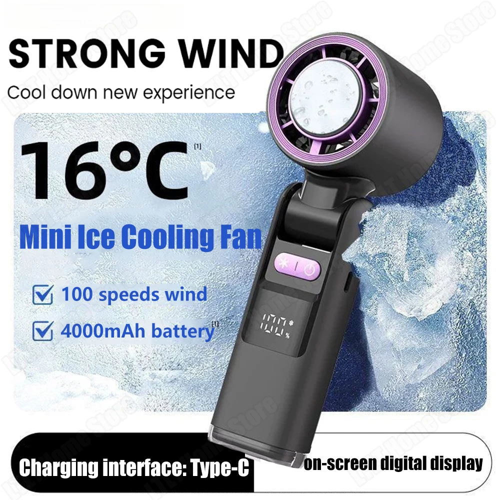 Mini ventilador Turbo portátil plegable con compresa de hielo, 4000mAh, recargable por USB, 100 velocidades, ventiladores de refrigeración de hielo para exteriores