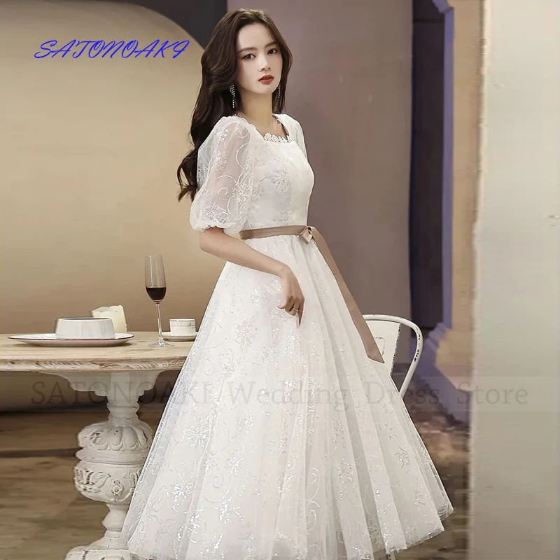 

Elegant Simple Square Collar Lace Short Wedding Dress for Women Tea Length Puff Sleeve Lace-up Bridal Gown Vestido De Novia Robe