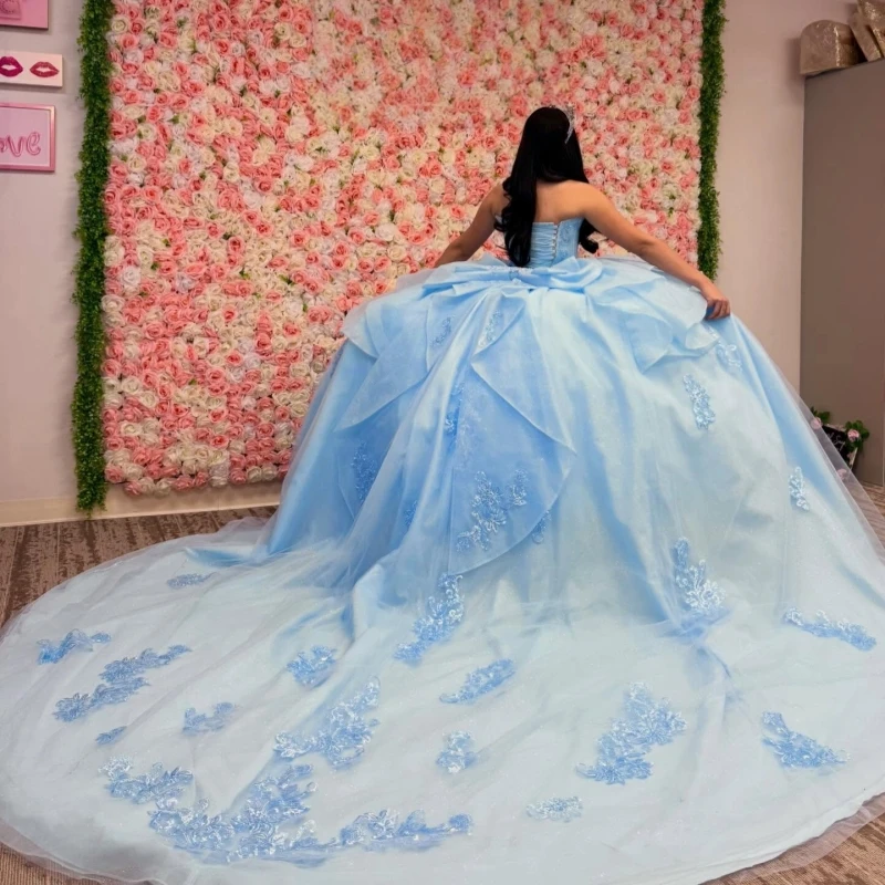 

Sky Blue Shiny Ball Gown Quinceanera Dresses Applique Lace Beading Bow Tull Corset Off Shoulder Sweet 16 Dress vestidos 15 De