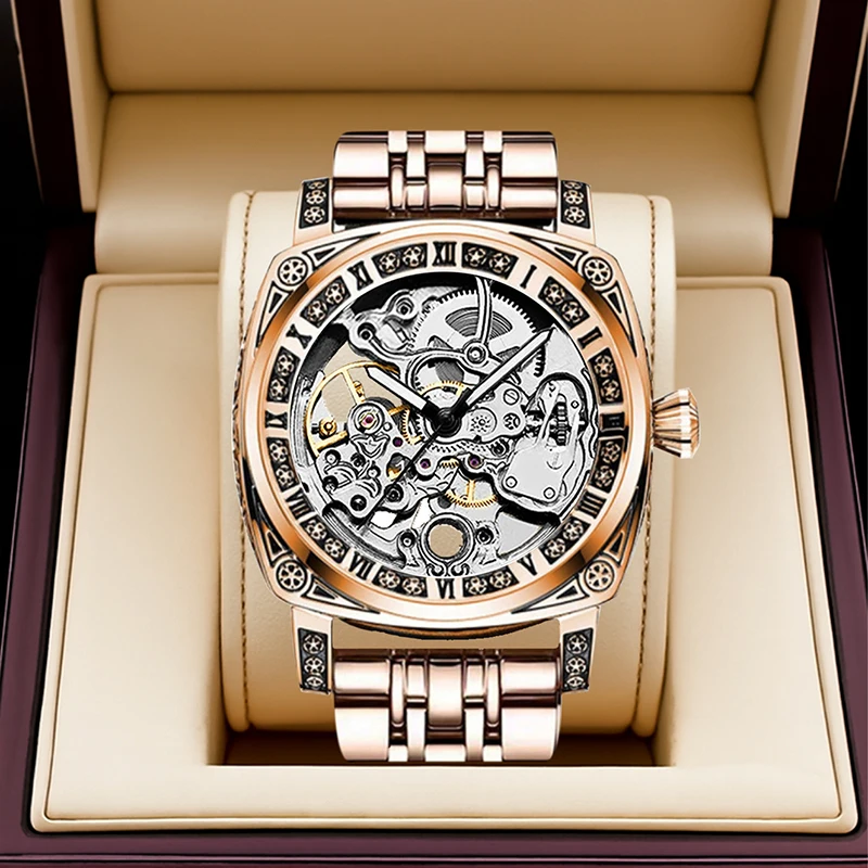

A men's rose gold stainless steel business fashion tourbillon skeleton automatic mechanical watch.