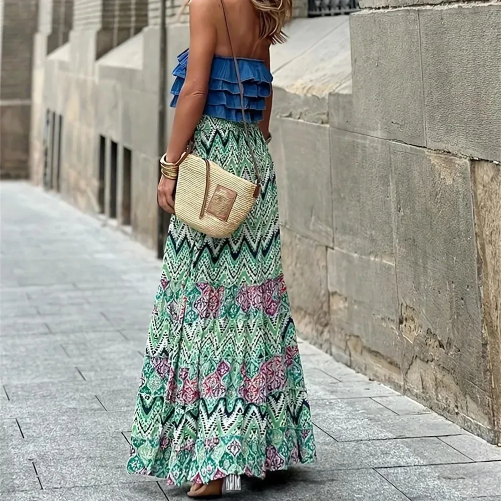 Summer Vintage Long Skirts Women Clothes Boho Faldas y2k Print Casual Beach Maxi Skirt Woman Clothing Bohemian Ethnic Style