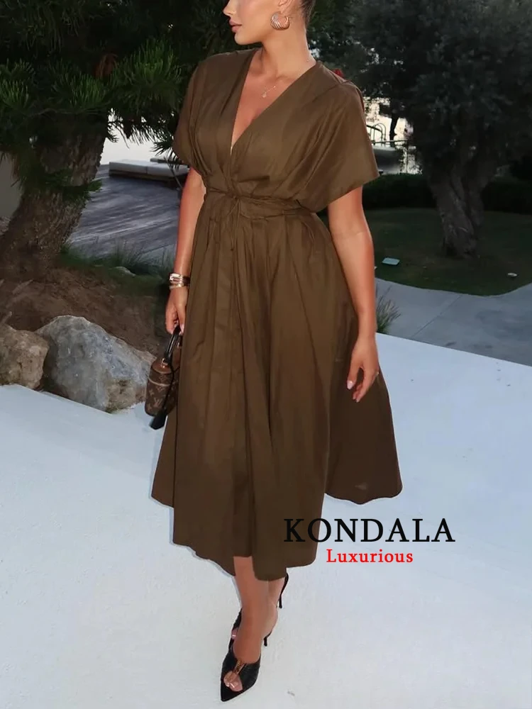 فستان نسائي كلاسيكي أنيق غير رسمي من KONDALA برقبة على شكل حرف v وأربطة ثنيات طويلة موضة صيف 2025 فستان فضفاض قابل للطي للعطلات