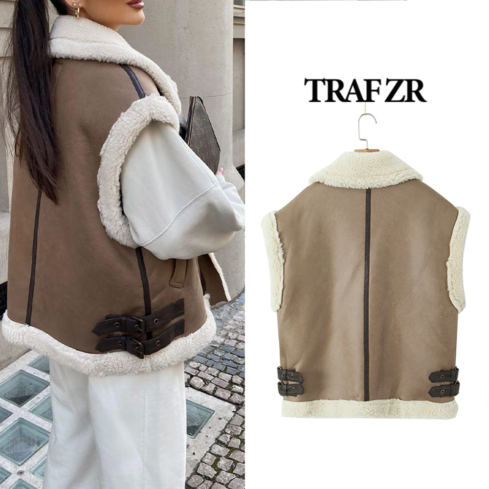 TRAF ZR Elegant Lady Jackets New in Coats Faux Leather & Skin Sleeveless Brown Coat Women\'s Winter Coats Leather and Fur Vest