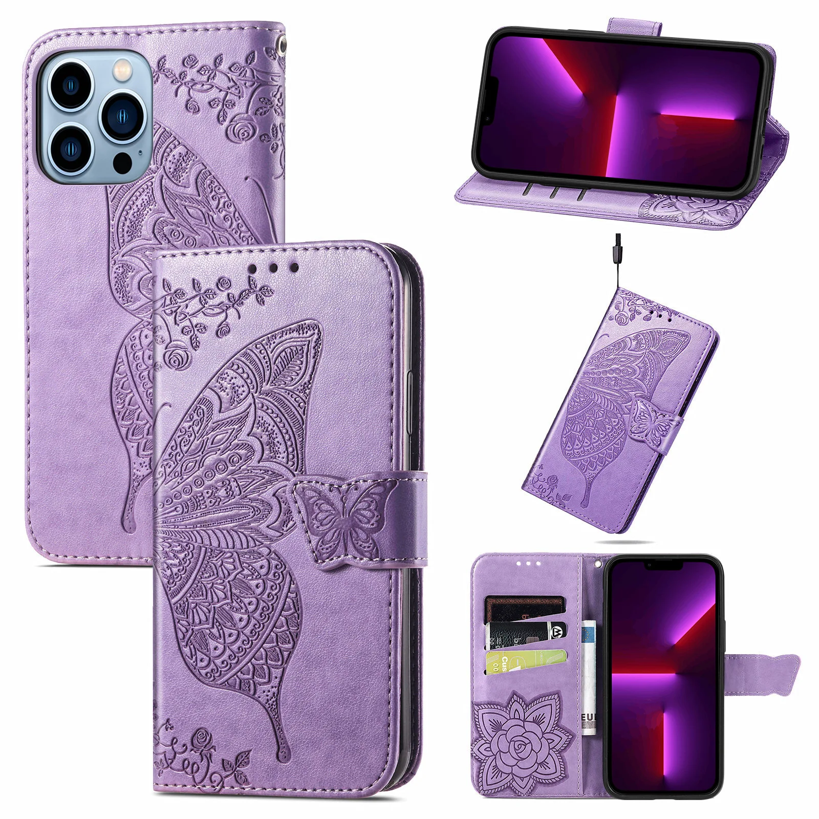 Handbag Wallet Case For Nokia G400 G300 G60 G50 G42 G22 G20 G11 G10 Butterfly Pattern Leather Lanyard 3 Card Slots Flip Cover