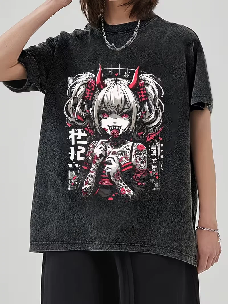 

Винтажная забавная готическая футболка в стиле Лолиты в стиле аниме Meme Gen Z Washed Y2K для мужчин и женщин Y2k Уличная хлопковая футболка Harajuku Unisex Top