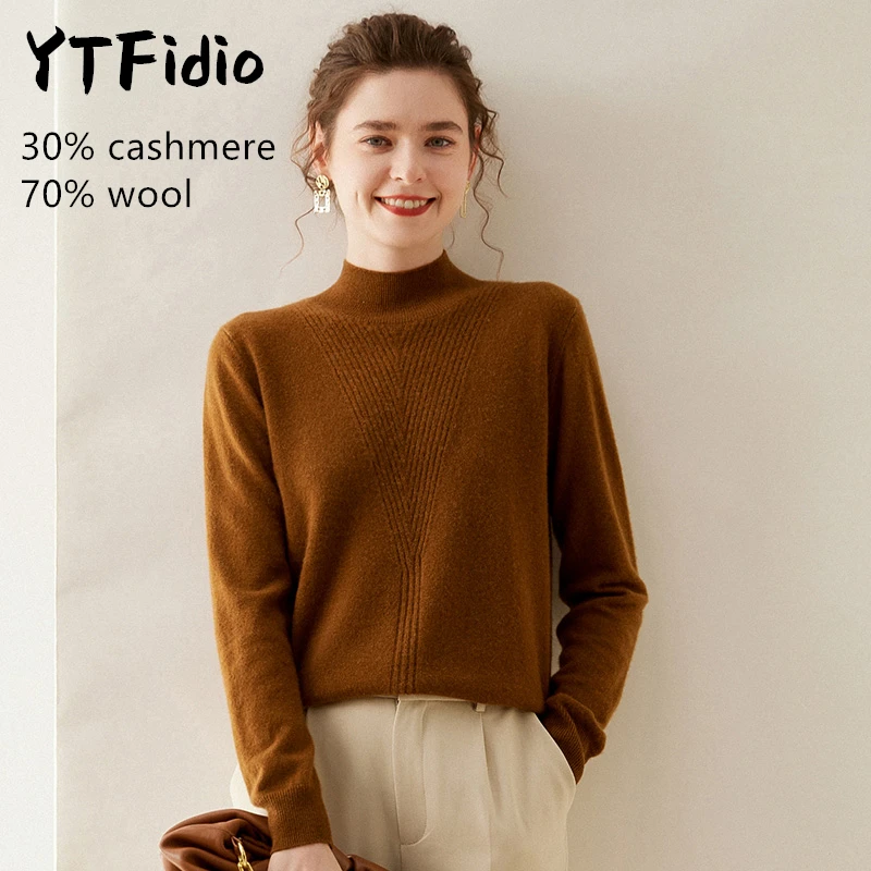 YTFidio-Suéter de lã merino de caxemira para mulheres, manga comprida, gola meia alta, mockneck, jumpers casuais, malha sólida, tops de pulôver, 105