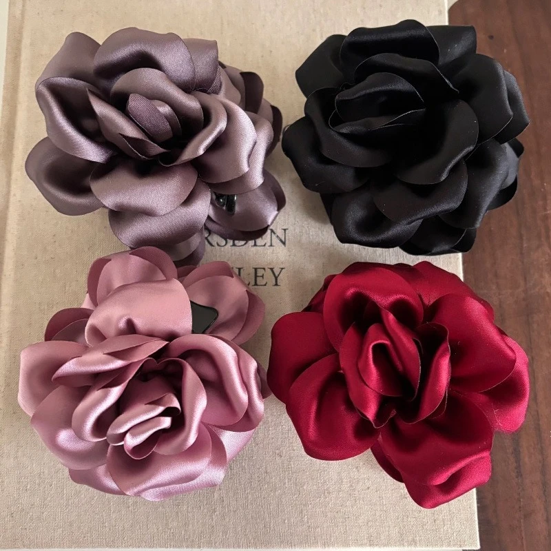 French Lazy Style Satin Flower Hair Claw for Women Elegant Shark Clip Temperament Ponytail Clip Styling Headwear Accessories