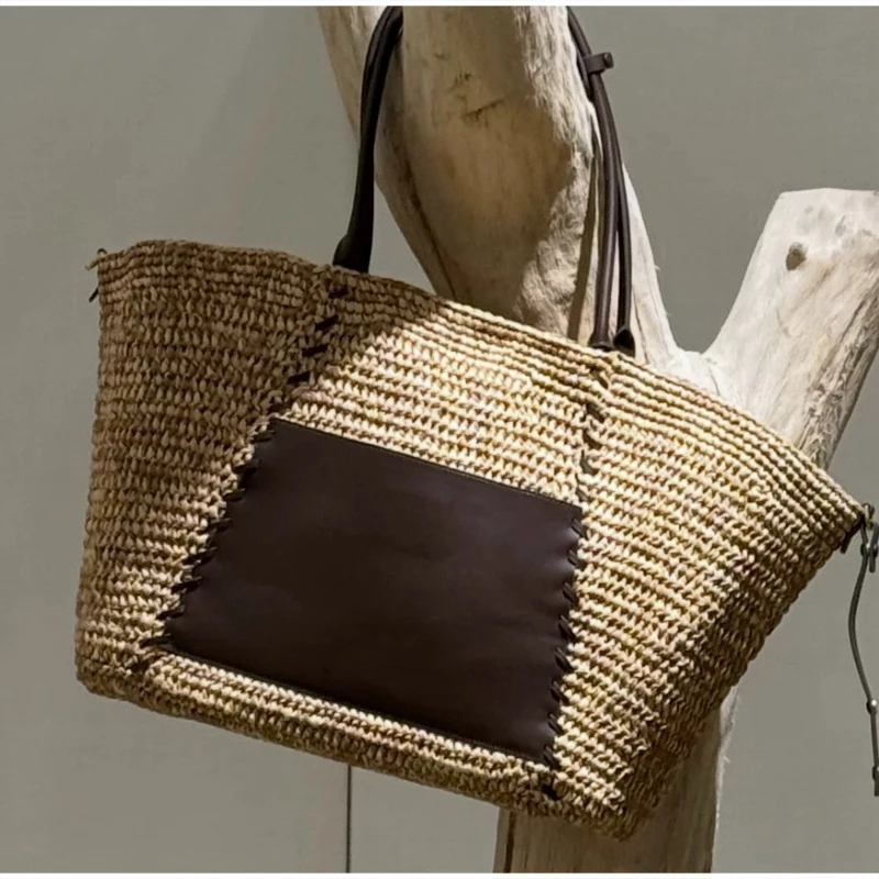 Large Capacity Raffia Straw Woven Tote Bag Summer Beach Shoulder Handbag Casual Vacation Travel Shopping Bag Boho Chic Portable