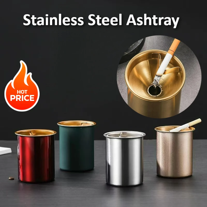 Aschenbecher mit Deckel, runder Auto-Aschenbecher, winddichter Aschenbecher aus Edelstahl mit Rauchhalter, geeignet zum Fahren im Innenhof