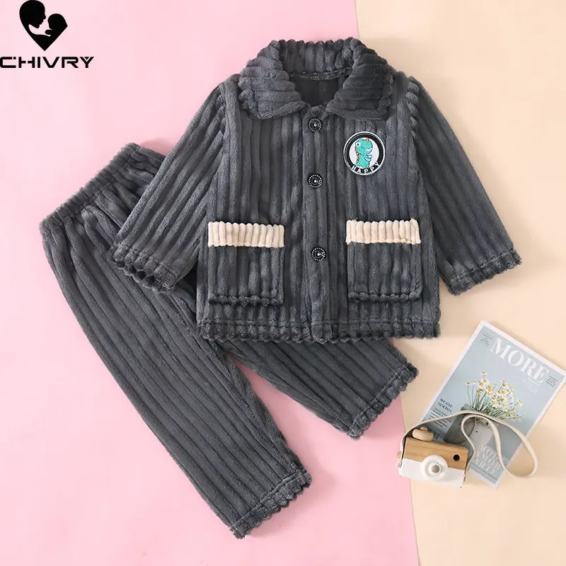 

New Boys Girls Autumn Winter Flannel Pajamas Kids Fashion Thick Warm Cartoon Lapel Tops with Pants Baby Sleepwear Clothing Sets