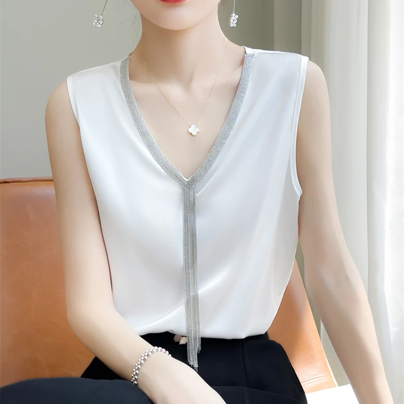 ZYCZCXX Imitation Silk Women's Summer Vest 2023 New Sleeveless Temperament Top Office Women's Fashion Tassel Formal Vest Top....