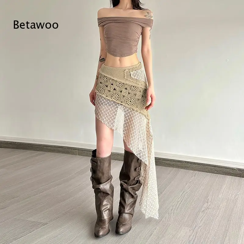 Women's Bohemian Crochet Knit Mini Skirt Vintage Embroidered Lace Patchwork Asymmetrical Hem Summer Beach Cover Up Skirt