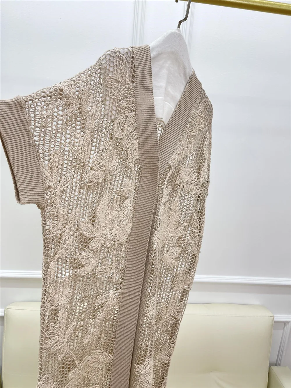 High Quality Embroidery Beaded Short Sleeve Coat For Women Hollow Knitted Long Cardigan