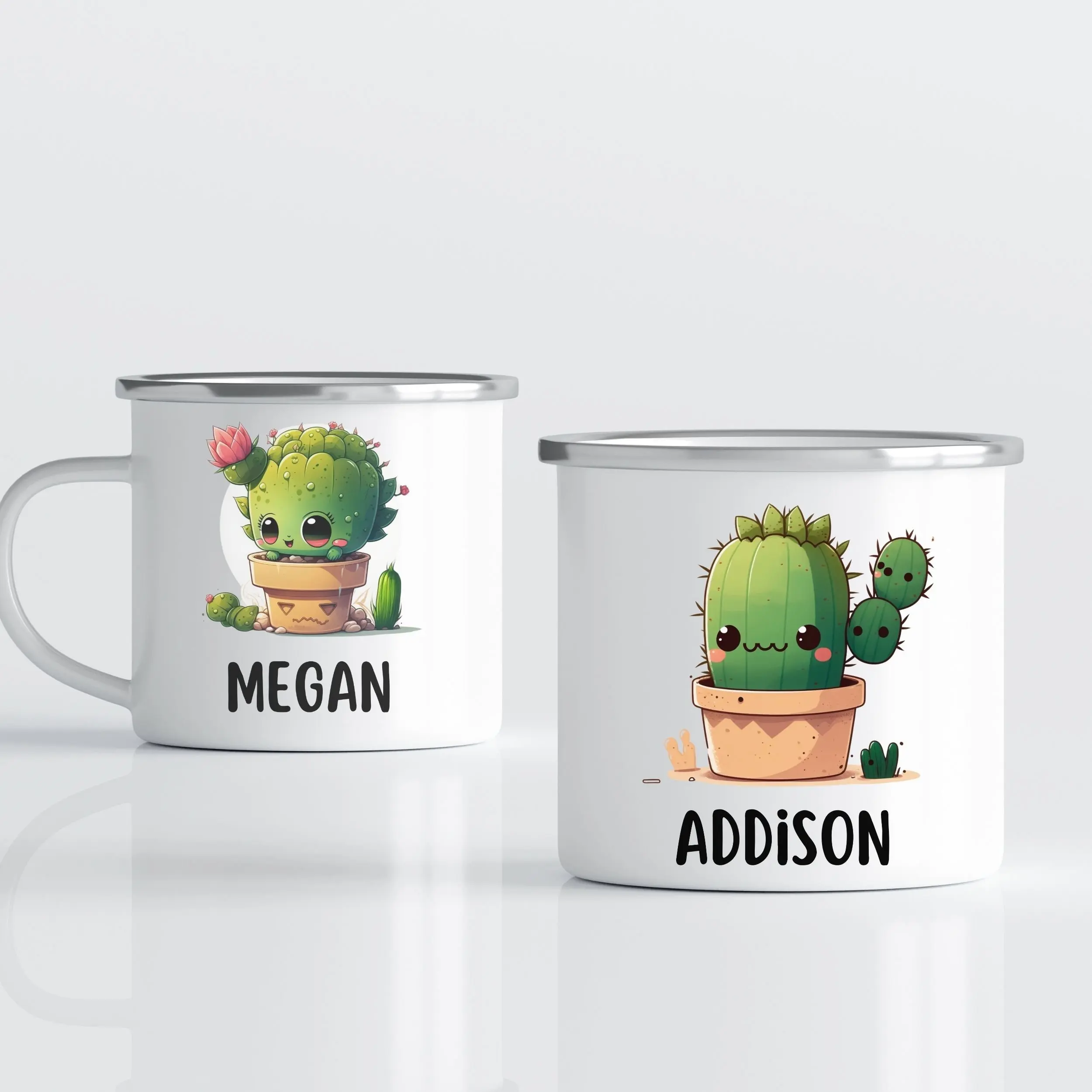 Kawaii Cactai Personalized Kids Enamel Camping Mug with Name,Cactus Lover Chibi Plant Gardener Birthday Gift for Her, Cute Kids