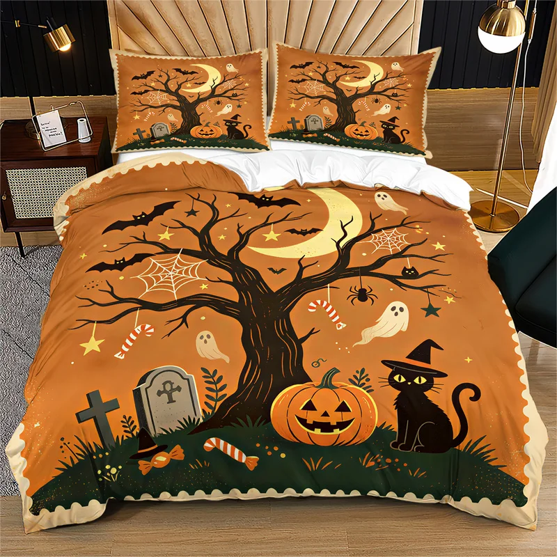 Halloween Print Duvet Cover Set Pumpkin Ghost Black Cat Bat Tombstone Bedding Set Fashion Quilt Cover Set Bedroom Decor Gift