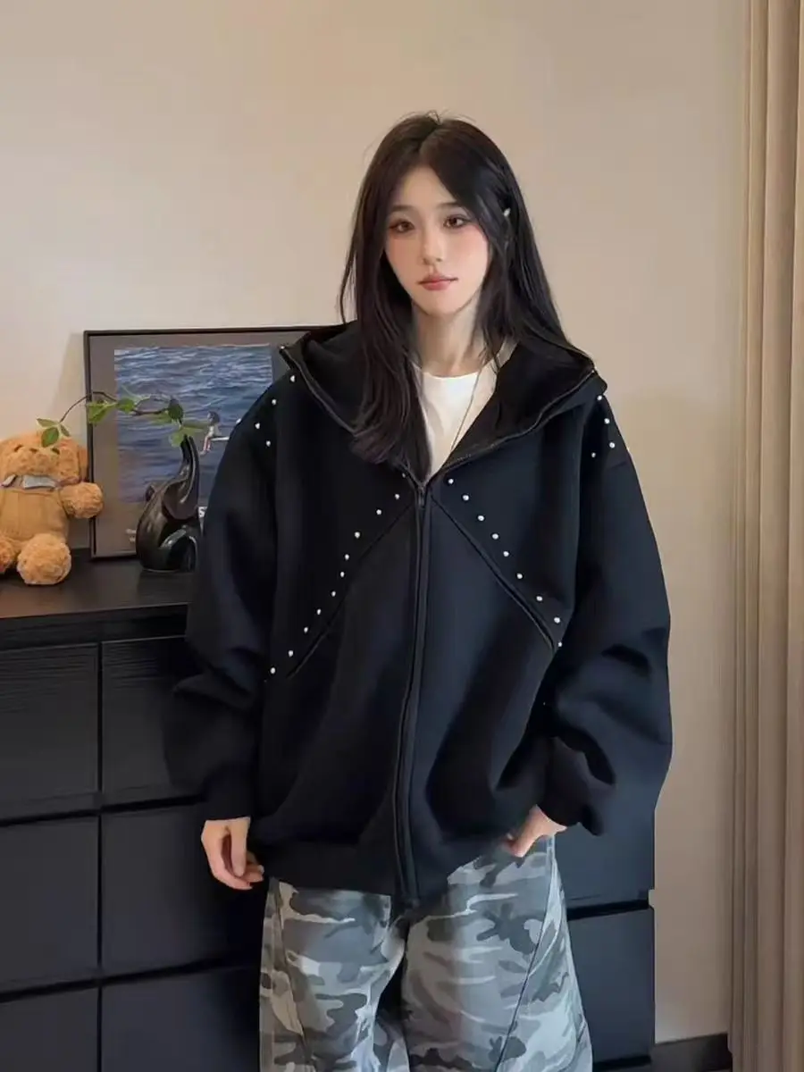 الأمريكية الرجعية برشام الربط سترة مقنعين البلوز المرأة أزياء فضفاضة المتضخم عارضة خمر الكلاسيكية الشارع الشهير