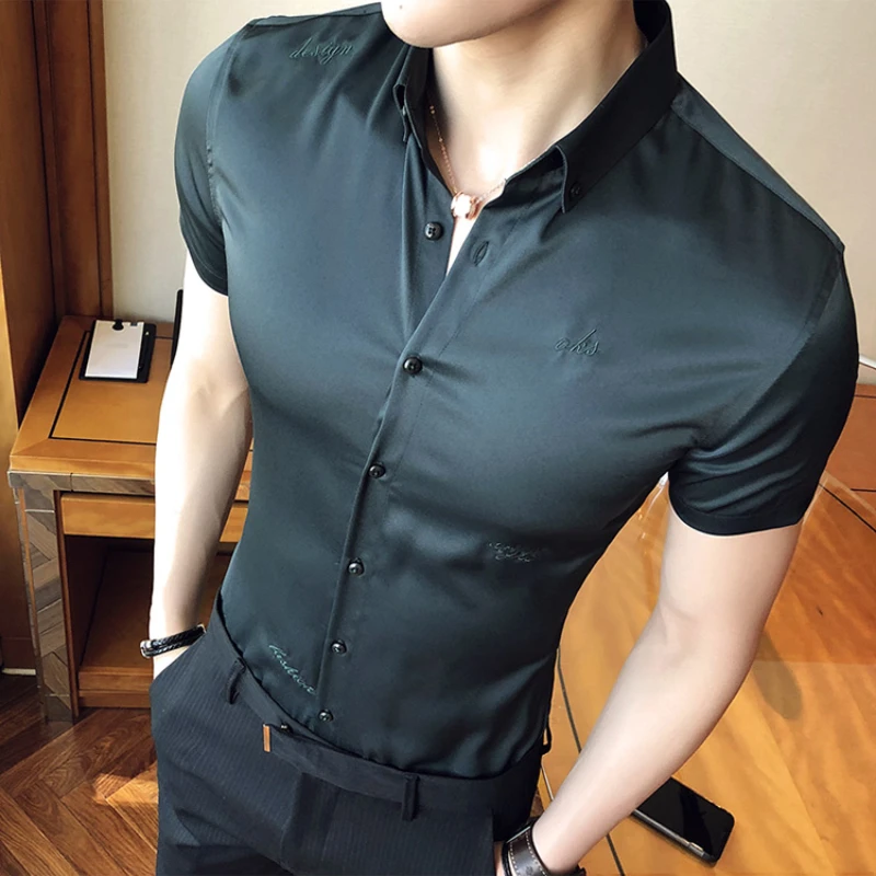 

2024 Summer Embroidered Shirt for Men Short Sleeve Slim Fit Casual Shirts Solid Color Business Social Dress Shirts Men Clothing