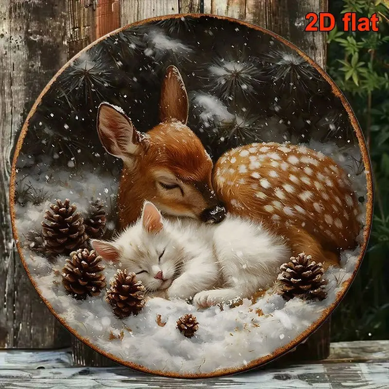 2D Flat Circular Aluminum Sign, Vintage Aluminum Plaque Featuring A Cute Little Deer and Kitten Snuggling