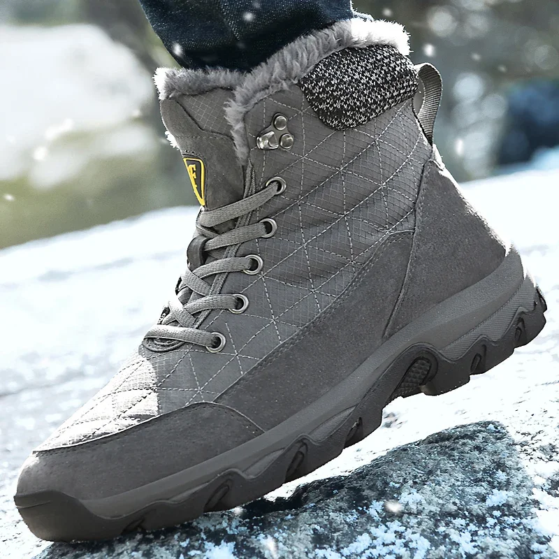 Botas de couro de neve masculinas, pelúcia, quente, impermeável, tornozelo, ao ar livre, antiderrapante, caminhada, sapatos de trabalho, inverno, marca