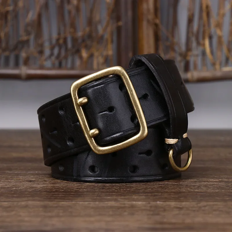 

3.8CM Cowhide Genuine Leather Belt Vintage Jeans Belt Strap Double Pin Brass Buckle Designer Belts for Men Male Jeans