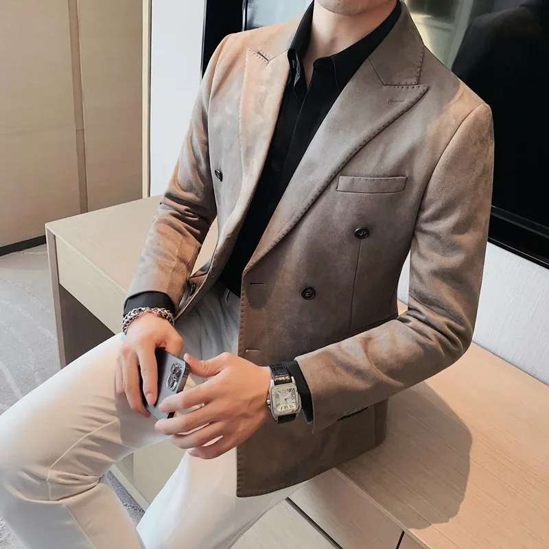 

2023 Autumn Winter Suede Blazers Men Double-breasted Buttons Casual Business Suit Jacket Streetwear Social Blazer Masculino