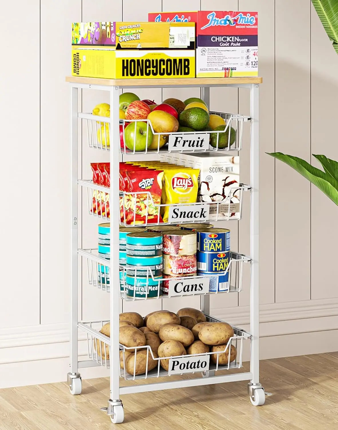 

5-Tier Rolling Kitchen Cart with Pull-Out Drawers and Wood Top for Fruit, Veggie, Snack Storage