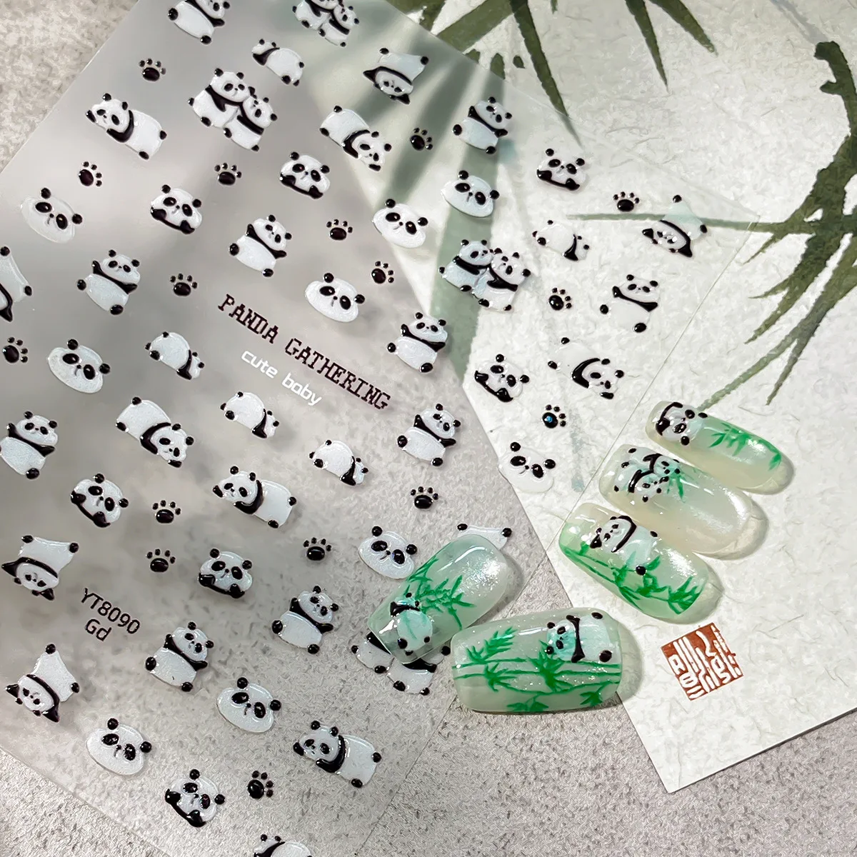 Cute Panda Jelly Nail Stickers With Shiny Panda Pattern Green Bamboo Bear Paw Print Design Self Adhesive For Nail Decoration DIY