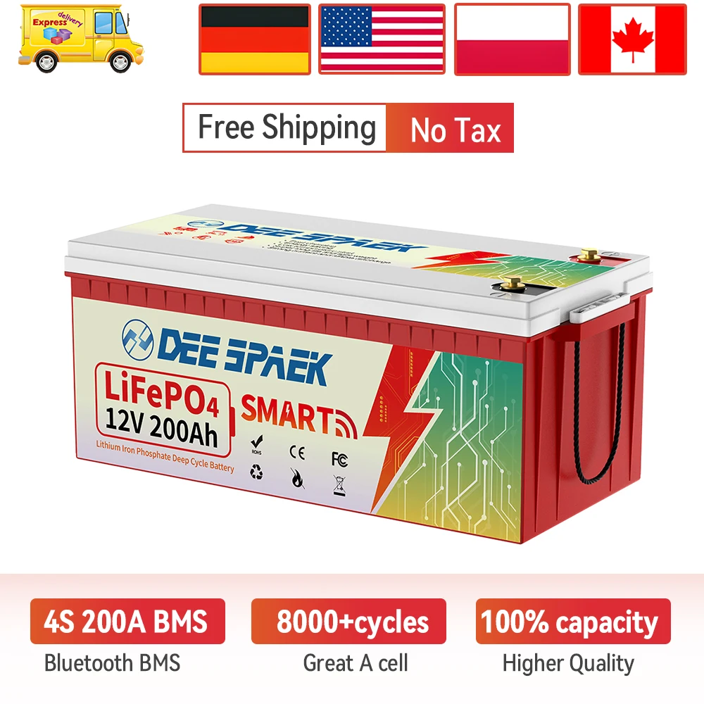 12V 200Ah LiFePO4 Battery Pack 2560Wh 200A BMS For RV Camper Off-Road Off-grid Boat Home Solar Wind Lithium Battery EU US Stock