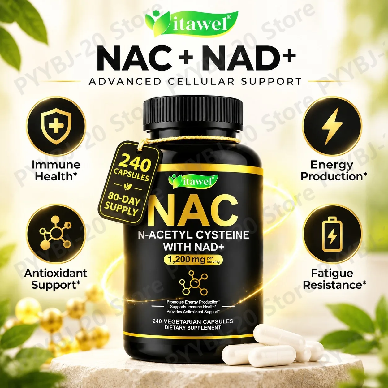 Itawel NAC + NAD+ Capsules Antioxidant Support Immune Health Fatigue Resistance Energy Production 1200mg Vegan Formula 240ct