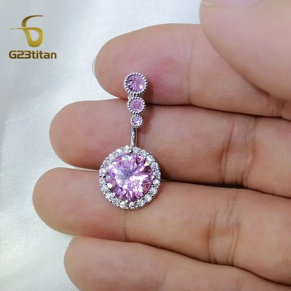 G23Titan Pink Crystal Zircon Belly Button Ring 14G G23 Titanium Bar Navel Ombligo Piercings Anti Allergic Body Jewelry for Women